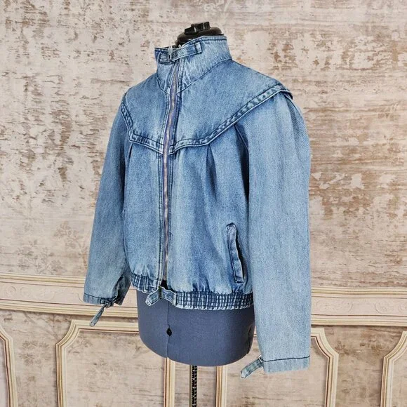 Vintage 1980s Denim Blue Bomber Jacket Distressed Yoke vtg 80s Puff Sleeve M L - Picture 8 of 14